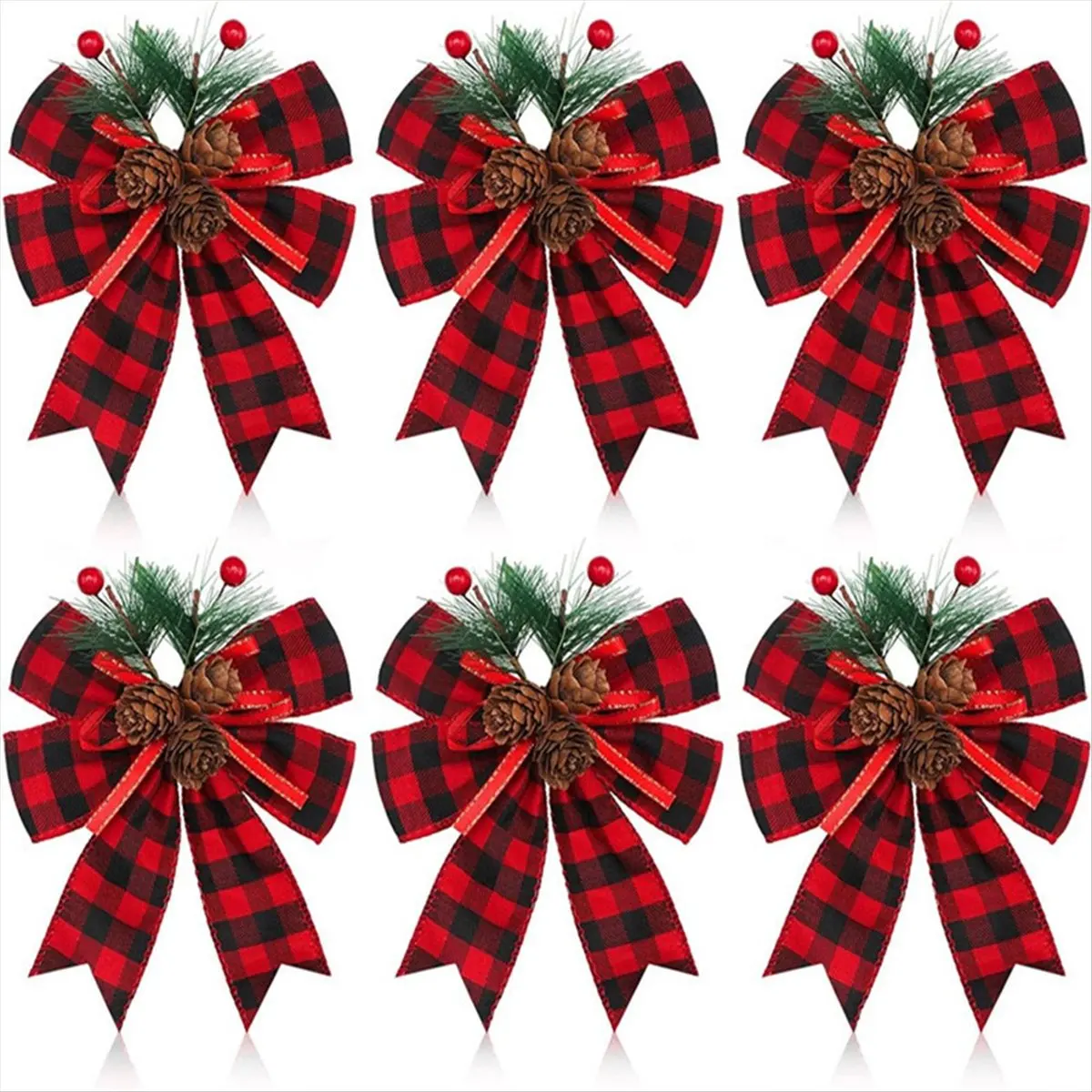 2026 Trend 12PCS Christmas Black Red Bow with Pine Cones Pine Needles Xmas Checkered Ribbon Bow Christmas Tree Decoration Bows