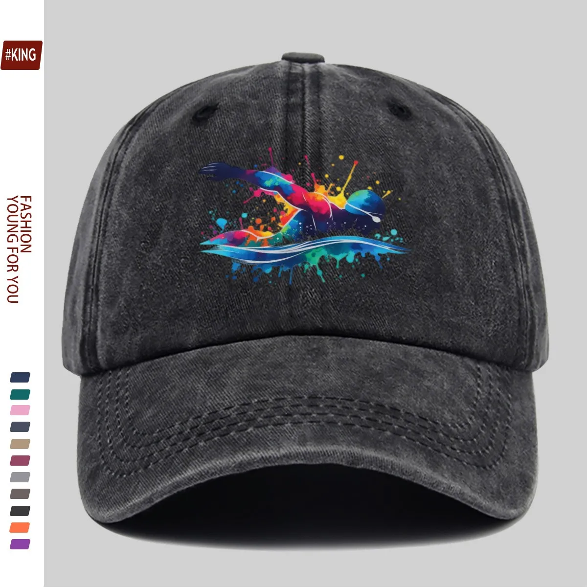 

Colorful Swimmer Print Washed Baseball Cap Unisex Adjustable Cotton Street Style Outdoor Hat