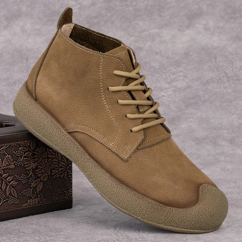 

Men's Casual High-Top Boots Autumn Winter Warm Fce Lined Leather oes Comfortable Cotton Inner Low Heel round Toe