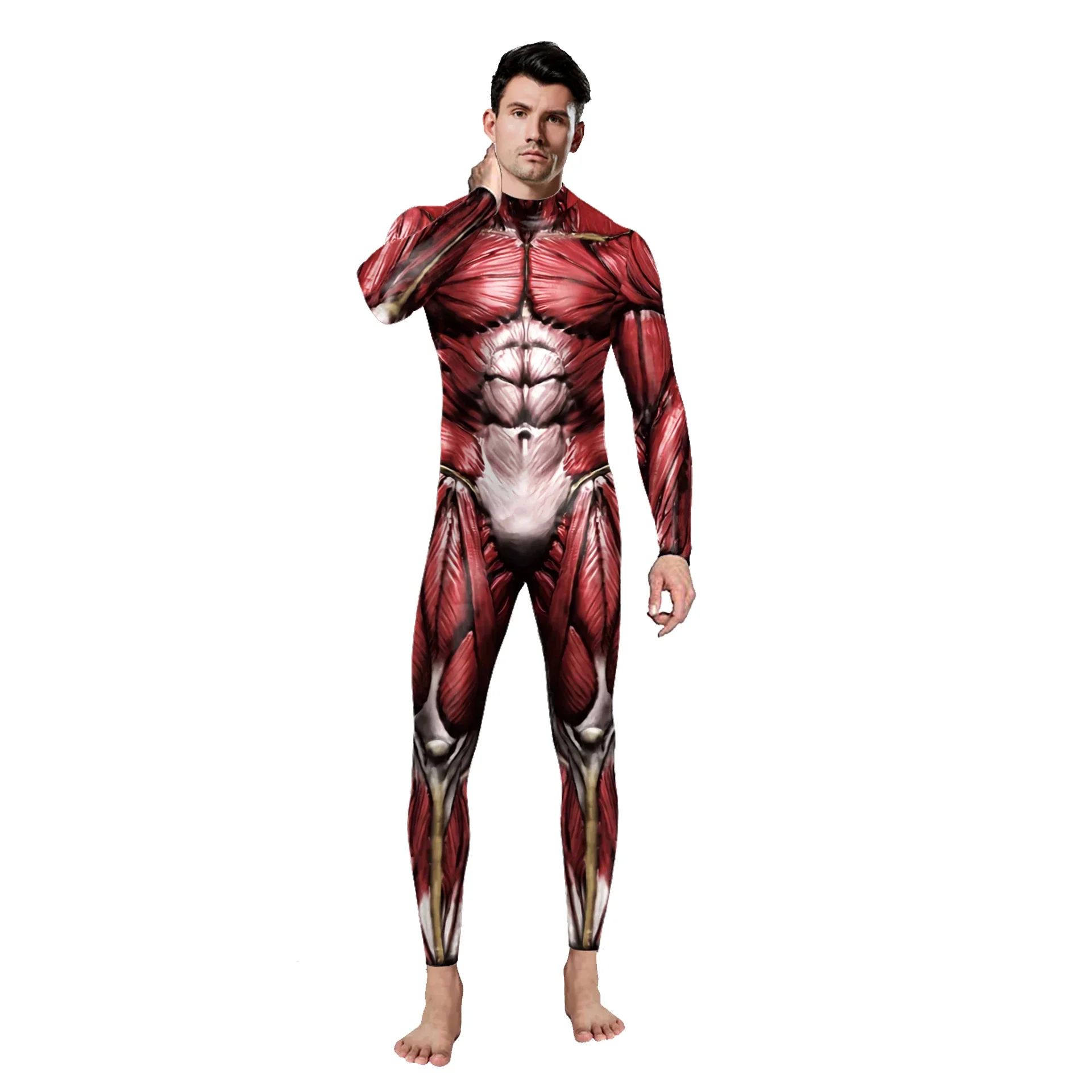 3D กล้ามเนื้อมนุษย์รูปแบบ Jumpsuit อะนิเมะยักษ์คอสเพลย์เครื่องแต่งกายฮาโลวีนบอดี้สูท Spandex Zentai Party ผู้ใหญ่ Zipper Rompers
