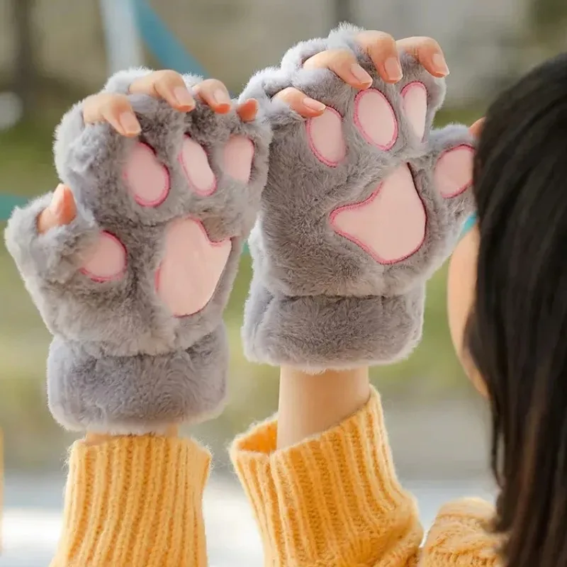 Women Cartoon Cat Claw Gloves Thicken Fingerless Plush Bears Warm Cute Thick Fleece Bear Paw Fingers Half Winter Mittens Gloves