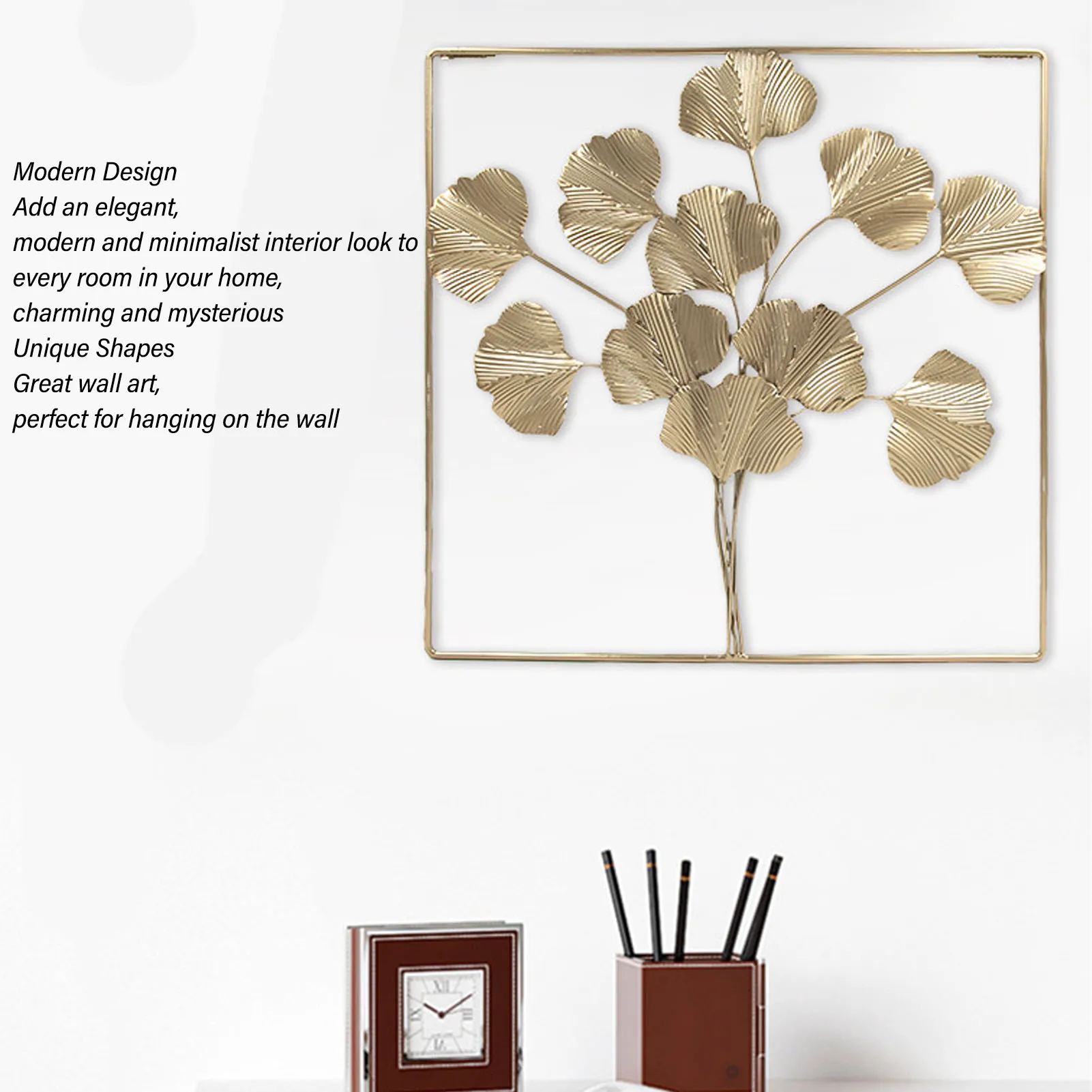 Metal Leaf Wall Art Decor Luxurious Ginkgo Biloba Shape Wall Hanging Decoration For Home Living Room Bedroom Office