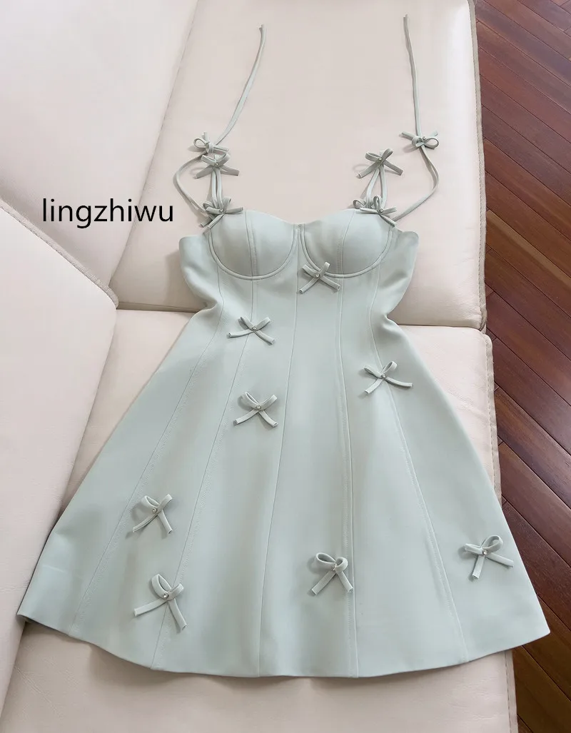 Lingzhiwu-holiday dress with bow and spaghetti strap, green, spring and summer, new arrival, 2024