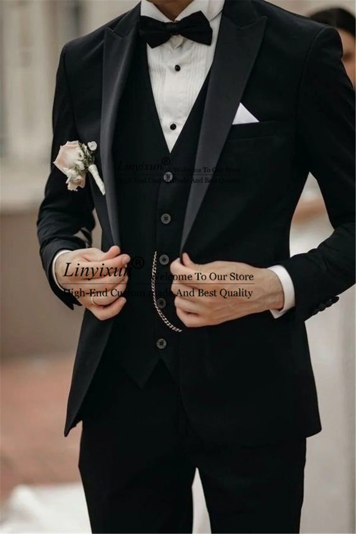 

Black Wedding Suits For Men Slim Fit Peaked Lapel Groom Tuxedos 3 Pieces Set Formal Business Blazer Vest Pants Terno Masculino