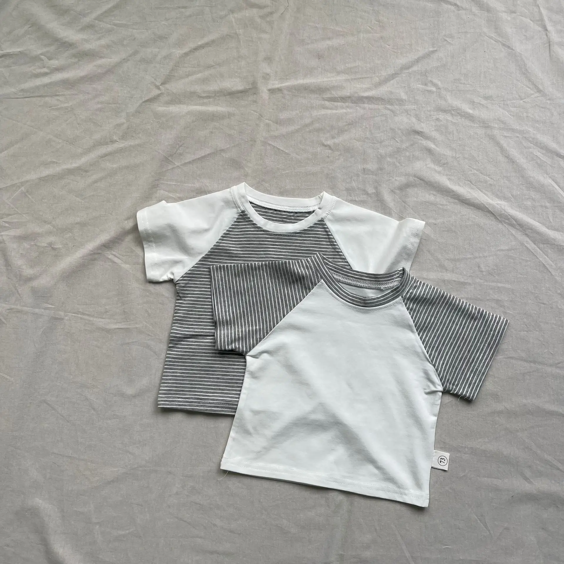 2025 Summer New Baby Short Sleeve T Shirts Cotton Breathable Infant Boy Girl Versatile Striped Tees Toddler Casual Splicing Tops