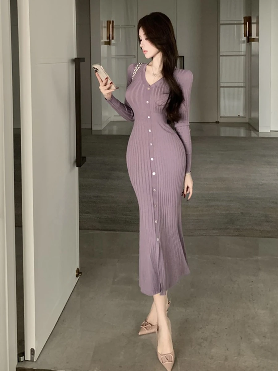 

Sexy Knitted Long Sve V-Ne Dr Slim Fit Wrap Body Fi Tail Dr Pure Desirable Lady Sle for Date And Daily Wear