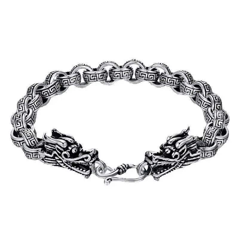 

Original 925 sterling silver men's fashionable and domineering dragon head bracelet, vintage Thai silver wealth jewelry gift