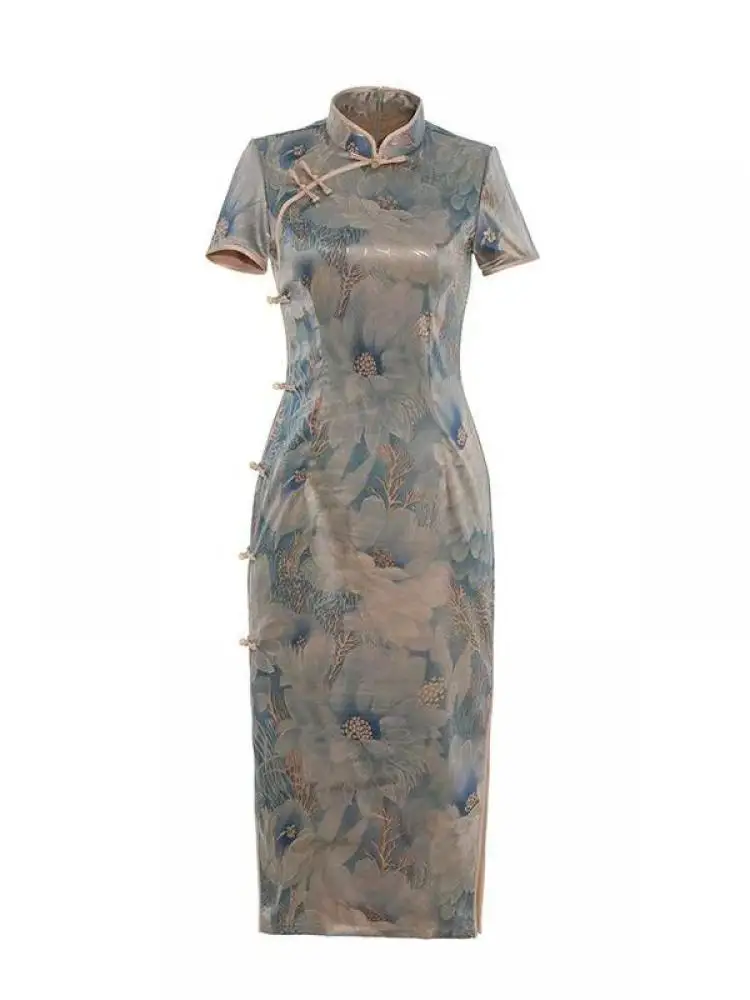 

2025 High Quality Fashion Improved Silk Cheongsam Print Short Sleeve Vintage Dress Women Costumes Qipao Modern Cheongsam Dress
