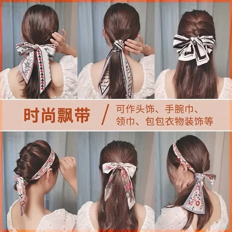 Fashion Printing Long Ribbon Silk Scarf Headband Women\'s Super Fairy Streamer Tie Ponytail Bow Headband Hair Tied