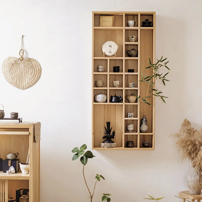 Estante de pared de madera maciza, estante de celosía para colgar en la pared, estante Bogu, rejilla Duobao, exhibición de almacenamiento para salón de té