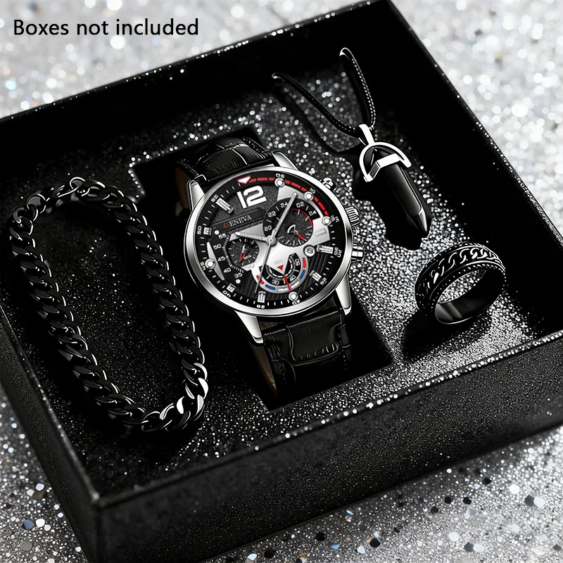 4PCS/Set Men's Business Watch, Casual Men's Quartz Watch, Necklace, Bracelet, Ring Set.