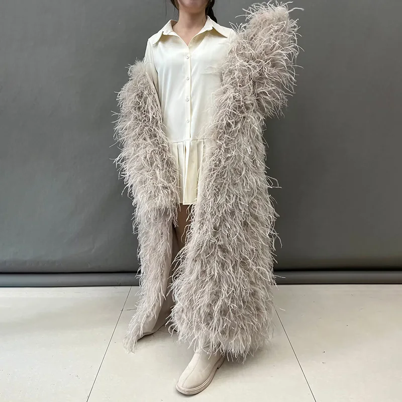 Women Natural Ostrich Feather Coat Lady Luxury Overcoat Fashion Winter Long Coat Fluffy Outerwear S5547