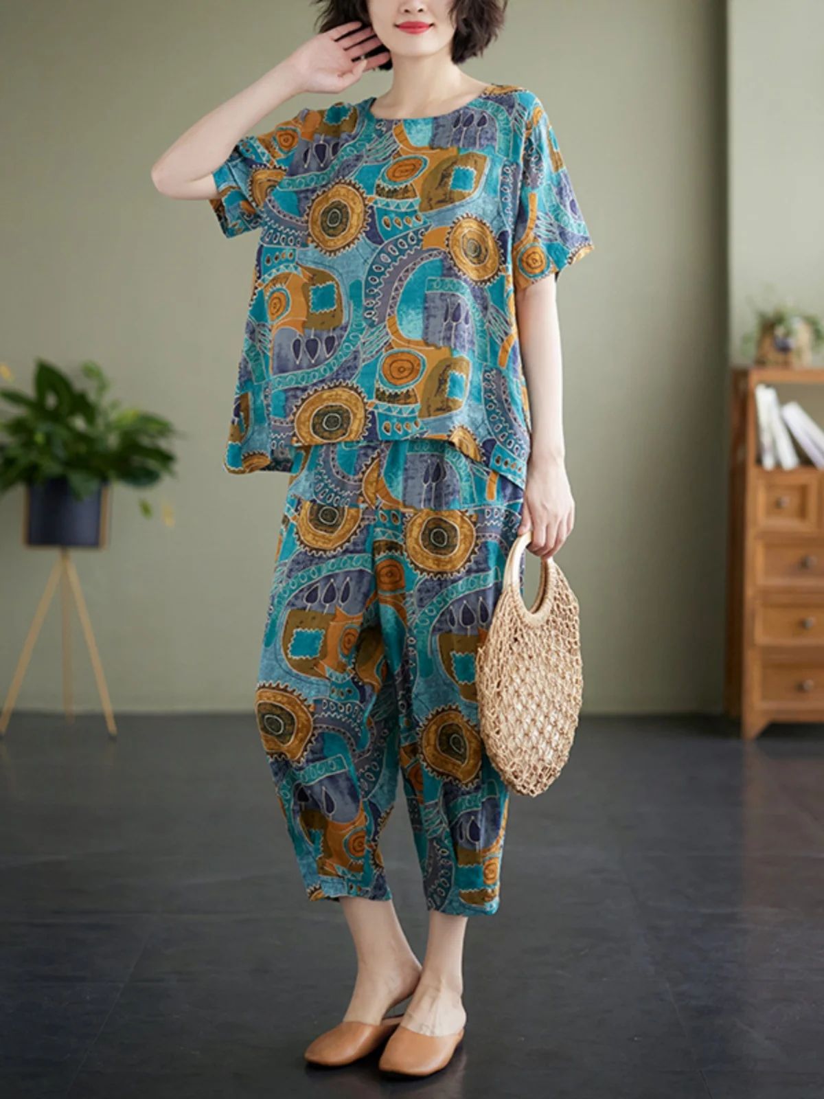 Novo 2025 feminino algodão linho casual ort sve impressão conjunto de duas peças confortável respirável faionable mãe roupas