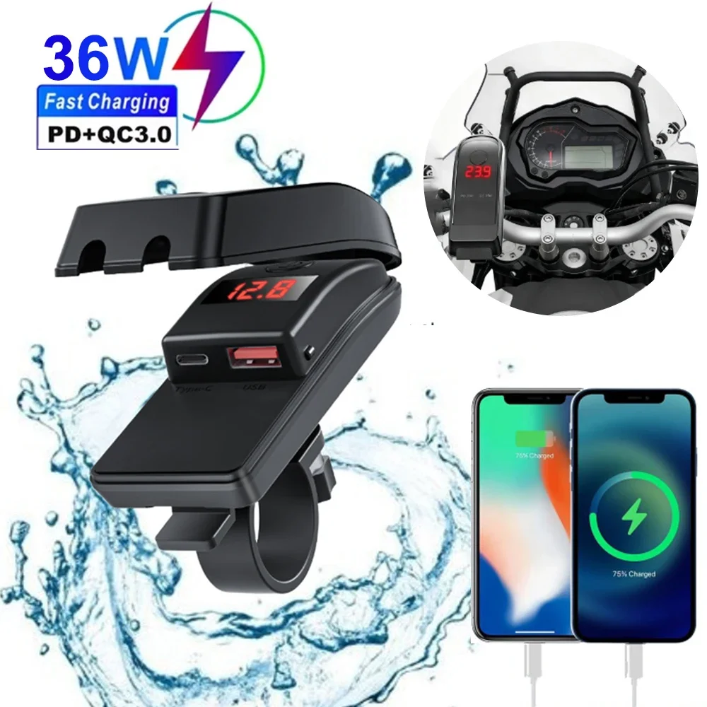 

Motorcycle USB Fast Charger PD QC3.0 36W Handlebar USB Type C Socket with Switch Voltmeter Waterproof 12V Power Supply Adapter