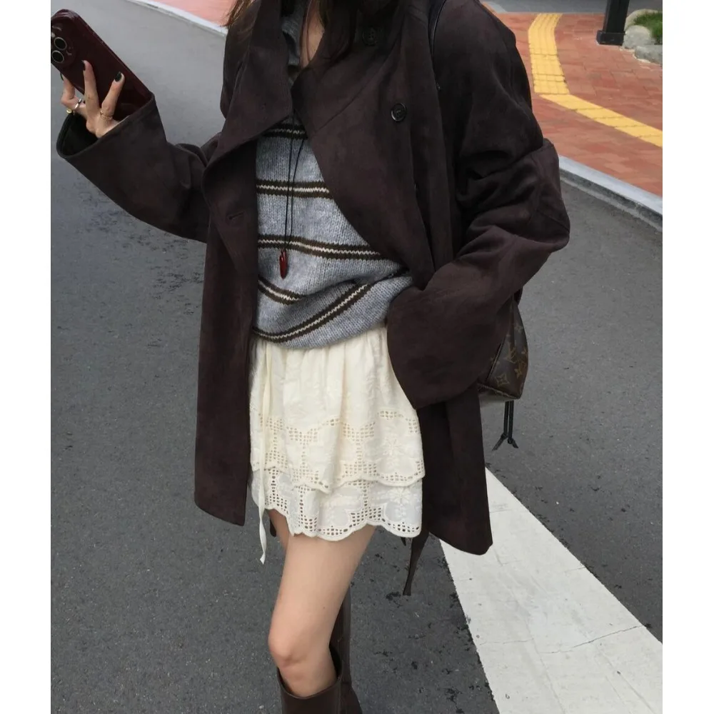 Women's Casual Long Coat Vintage Loose Fit Stand Collar Mid-Length Deer Suede Velvet Windbreaker Versatile Autumn Winter Oute...