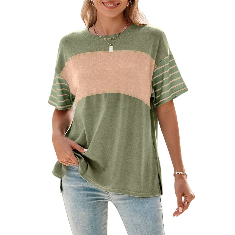 

A09P Womens Summer Oversized 2025 Crewneck Casual Color Block Striped Shirts Blouses