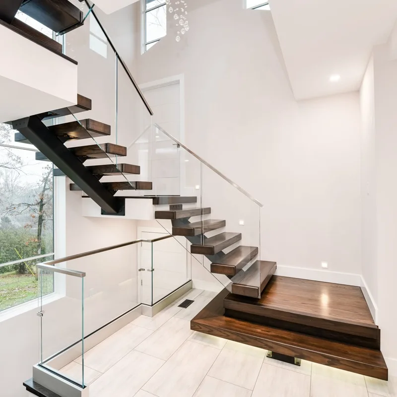 맞춤형 스테인리스 스틸 빔 계단 대리석 유리 원목 계단 디딤판 시스템 LED 실내 주택 모노 스트레이트