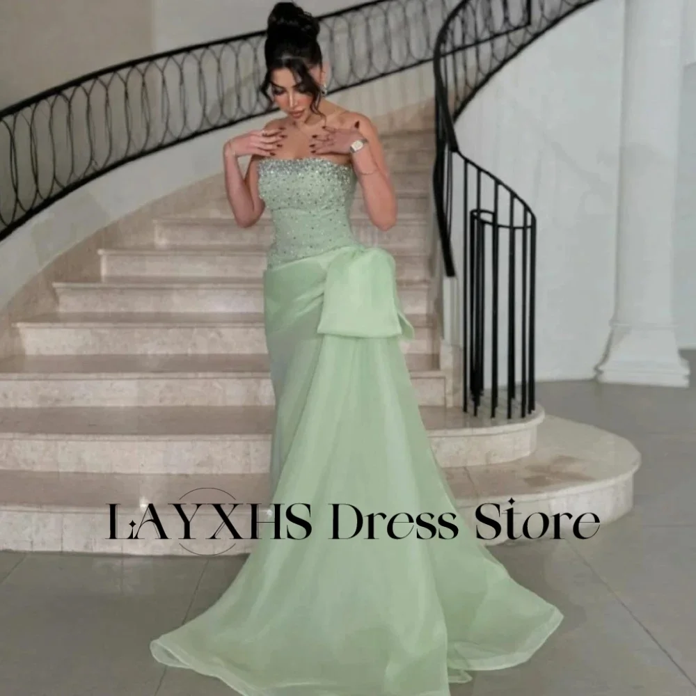 LAYXHS – robe de soirée verte sans bretelles, style sirène, avec traîne Court perlée, robes de bal personnalisées