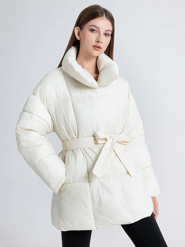 Mode Dames Gewatteerde Jas Herfst Winter Lace Up Stand Kraag Gewatteerde Jas Solid Casual Warm Windjack Bovenkleding Nieuwe Parka's