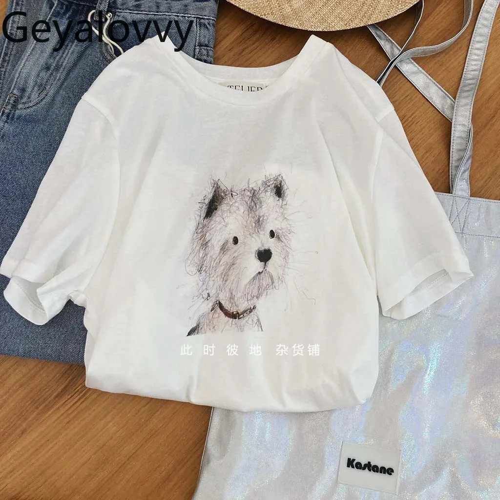 

Sweet Cute Girl Crew Neck Thin T-shirt Summer New Fashion Versatile White Tops for Women Printed Short-sleeved T-shirt Tees