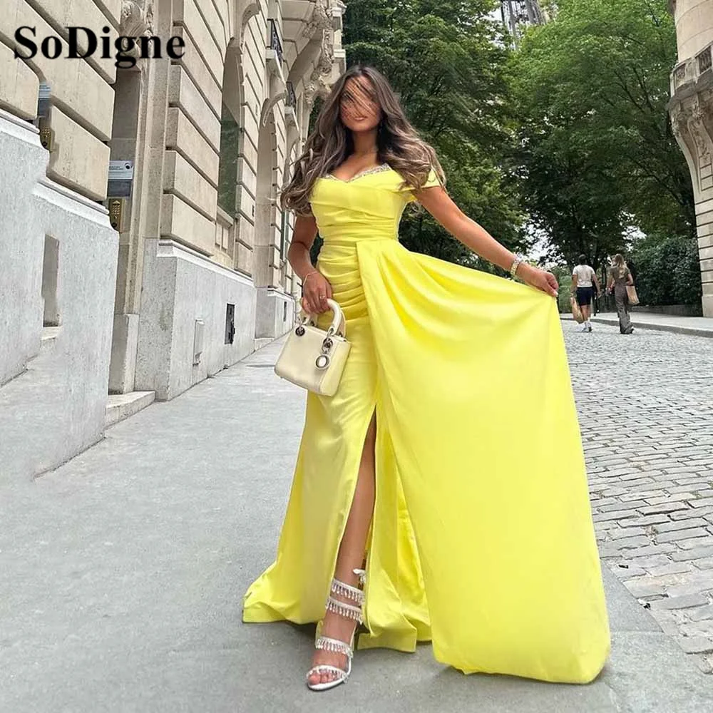 

SoDigne Saudi Arabia Yellow Evening Gowns Side Split Pleats Prom Party Dress Off The Shoulder Mermaid Draped Skirt Formal Dress