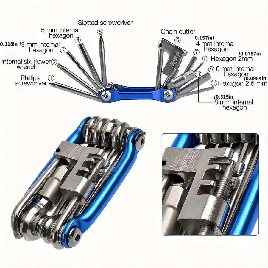 11-in-1 Bike Tool Mini Multitool Kit - Lightweight Stainless Steel Tool Wrench, Screwdriver, Chain, Hexagon Wheel Spoke