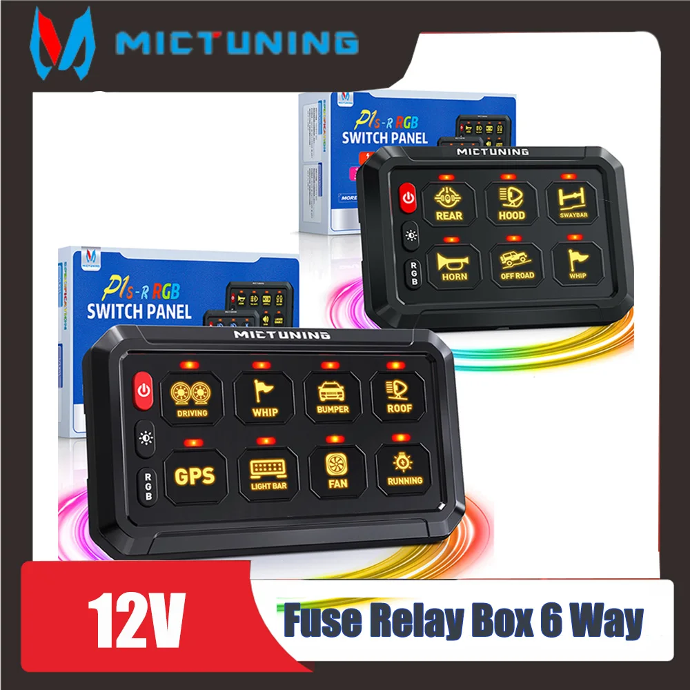 MICTUNING 6/8 Gang Switch Panel, P1s-R RGB Colors Adjustable Brightness, On-Off Toggle Switch Relay System Box Universal for Car