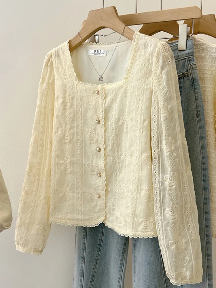 

Ele Long Sve Embroidered Lace irt Women's Spring Autumn Faion Square Collar Button up Age Defng Chiffon Top