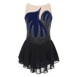 Girls Figure Skating Performance Costume Lyrical Dance Ballet Rhythmic Gymnastics Leotard Dress Shiny Rhinestone Mesh Dancewear