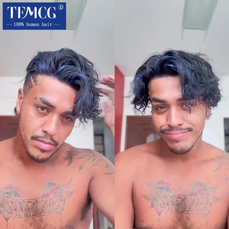 

Men Wig Electric Blue Highlights on Black Hair Male Hair Prosthesis 0.06MM Skin Knotted Men Wigs 100% Human Hair Systems Unit
