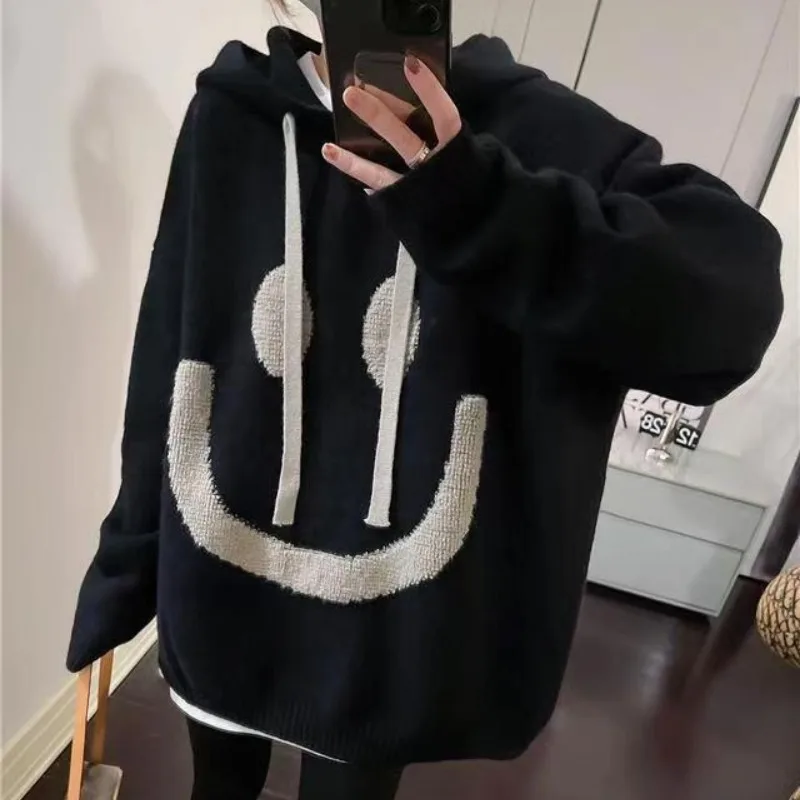 Women\'s Hooded Drawstring Sweater Autumn Winter Korean Casual Smiling Face Print Long Sleeved Loose Pullover Knitted Bottom Tops