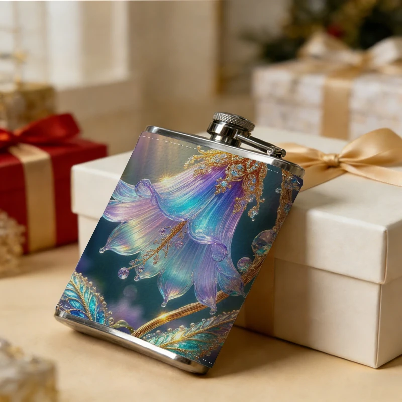 8oz 304 Stainless Steel Hip Flask with Enchanted Bluebell Print Leak-Proof Portable Whiskey Flask for Camping Hiking Outdoor Tra