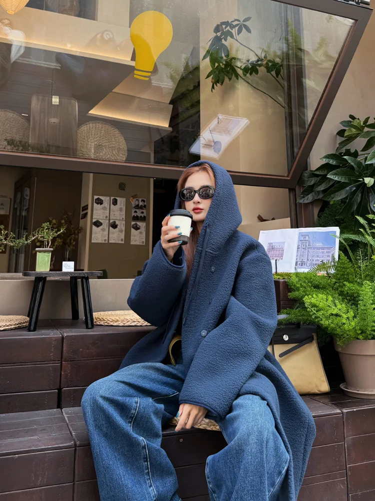 

LADYC Heavyweight Large ape Lamb Fur Coat with Hood Soft Warm Korean Sle Long Sve Mid-Length Casual Faion Coat