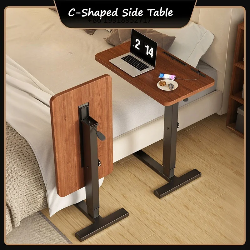 Height Adjustable C-Shaped Side Table with Wheels, Rolling Laptop Desk with Cup Holder, Mobile Bedside Sofa Table