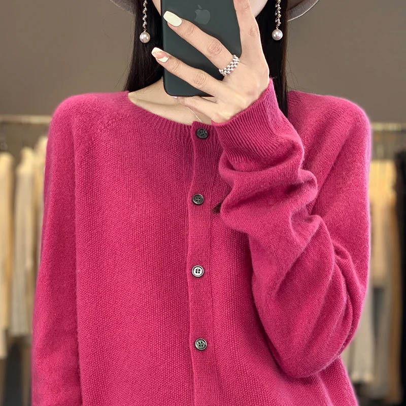 ZYCZCXX 100% Merino Wool women's knitted Cardigan O neck sweater Women 2024 new solid color basic sweater cardigan Korean jacket