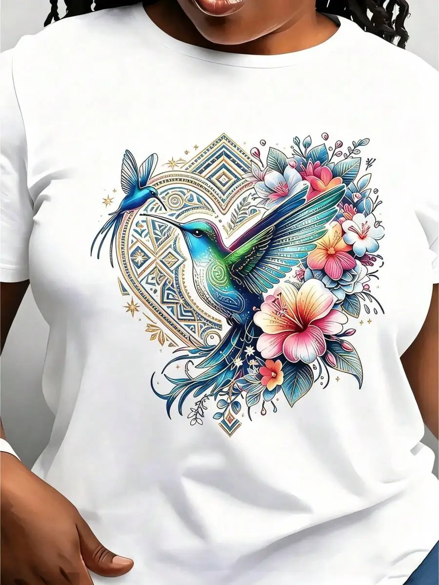 Women's Crew Neck Short Sleeve Graphic T-Shirt, Boho Geometric Gold Hummingbird Floral Print, Casual Tee For Summer Daily Wear