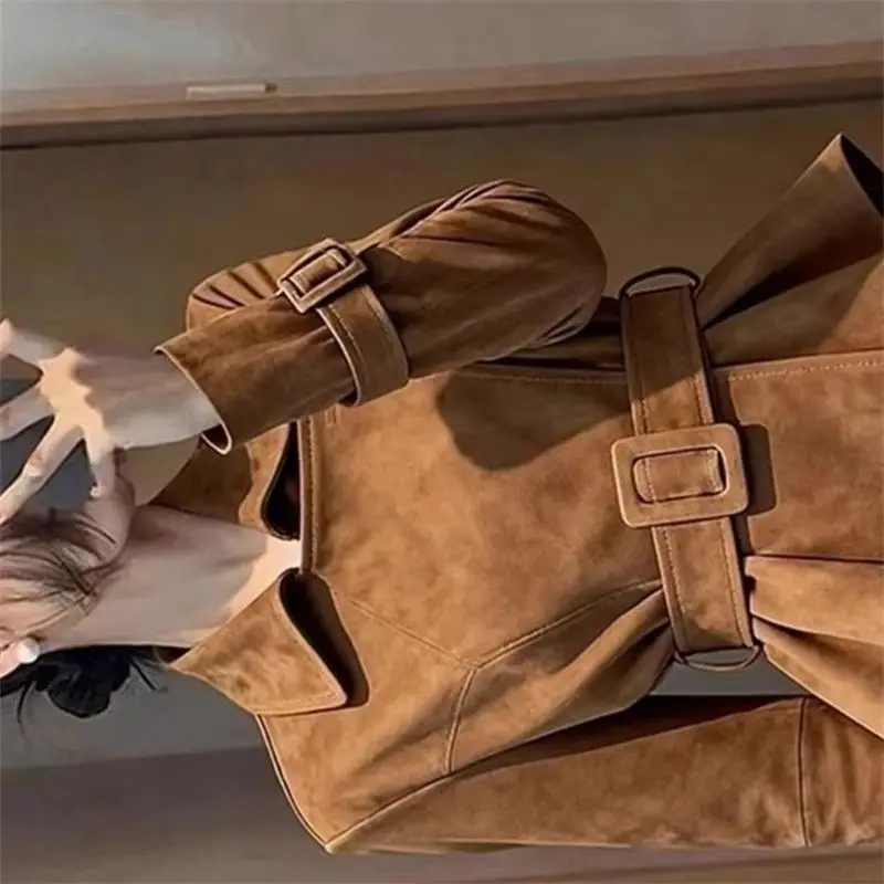

Women Leather Jacket 2026 Spring Short Unique Super Beautiful Retro High-End Feeling Brown Suede Coat Outerwear Match Belt