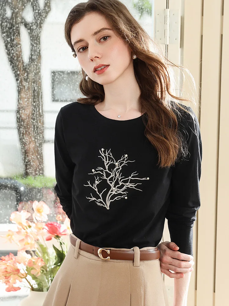 Eu acredito que você camiseta de manga comprida feminina 2025 outono moda preto bordado prego grânulo casual topos roupas femininas 2253016106