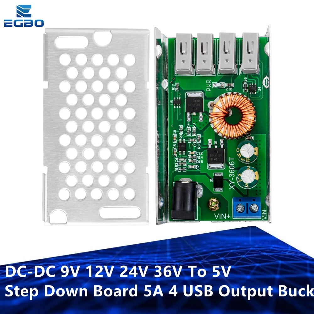 Módulo de Alimentação com Shell de Alumínio para Telefones, Step Down Board, DC-DC, 9V, 12V, 24V, 36V a 5V, 5A, 4 Saída USB