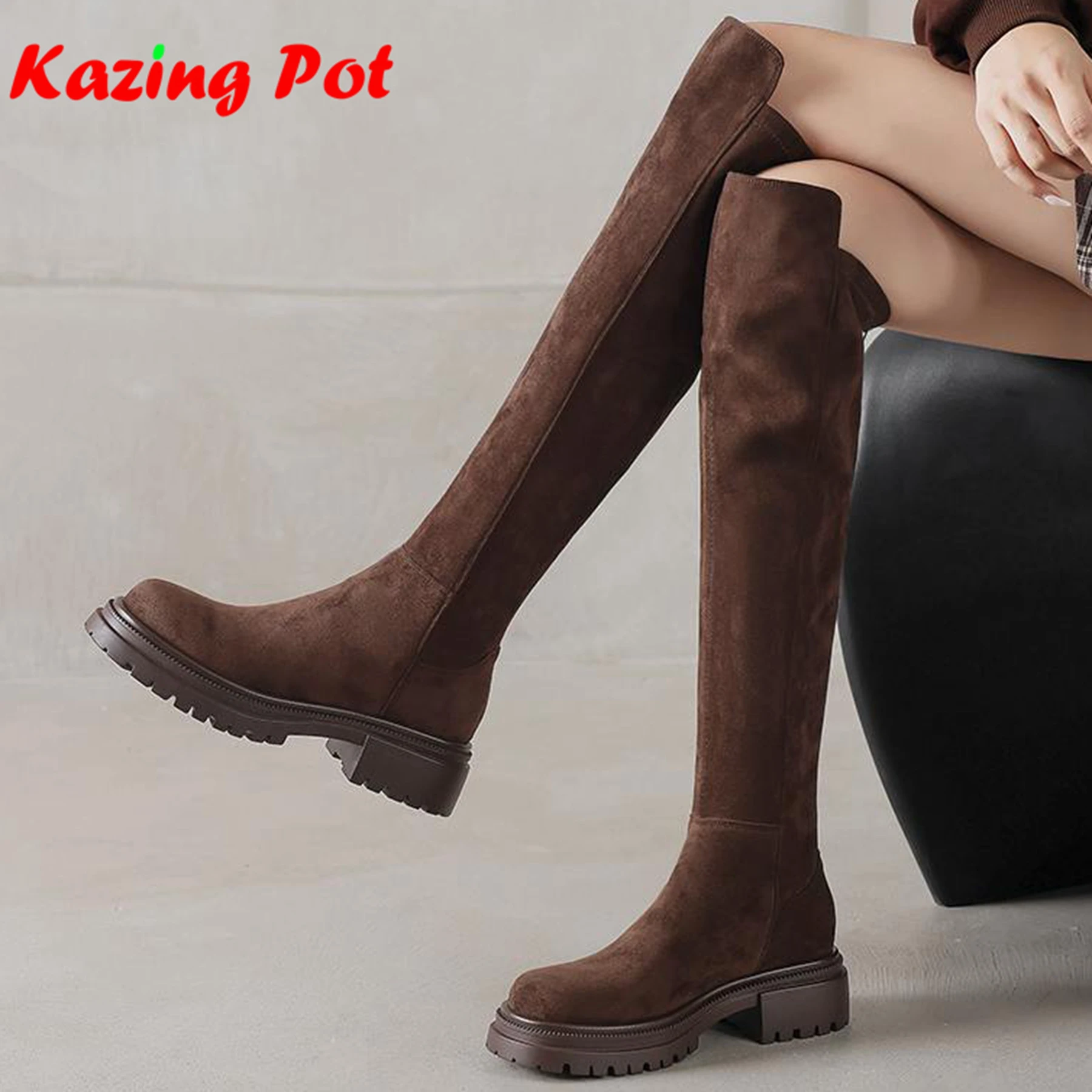 

Krazing Pot Flock Med Heels Round Toe Stretch Long Boots Slip On Elegant Superstars Keep Warm Stovepipe Ins Over-the-knee Boots