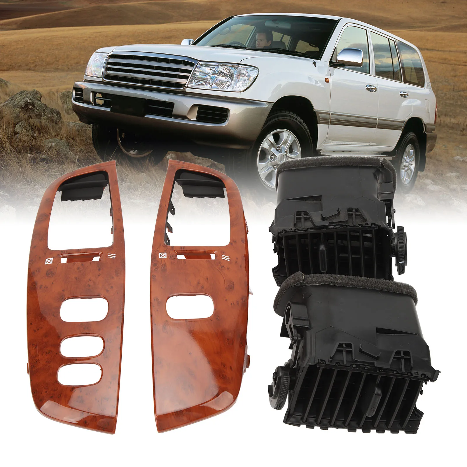 Dashboard Air Vent Wooden Grain Dash Left Right Air Outlet Kit with Frame Panel for Land Cruiser FJ100 1998‑2007