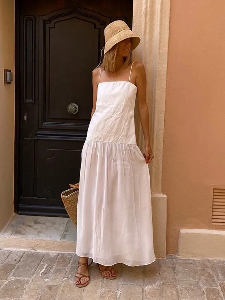 Summer Chic Lady Solid Gauze Patchwork Sling Dress Sexy Backless Sleeveless Loose Long Dresses Casual Lady High Street Robes