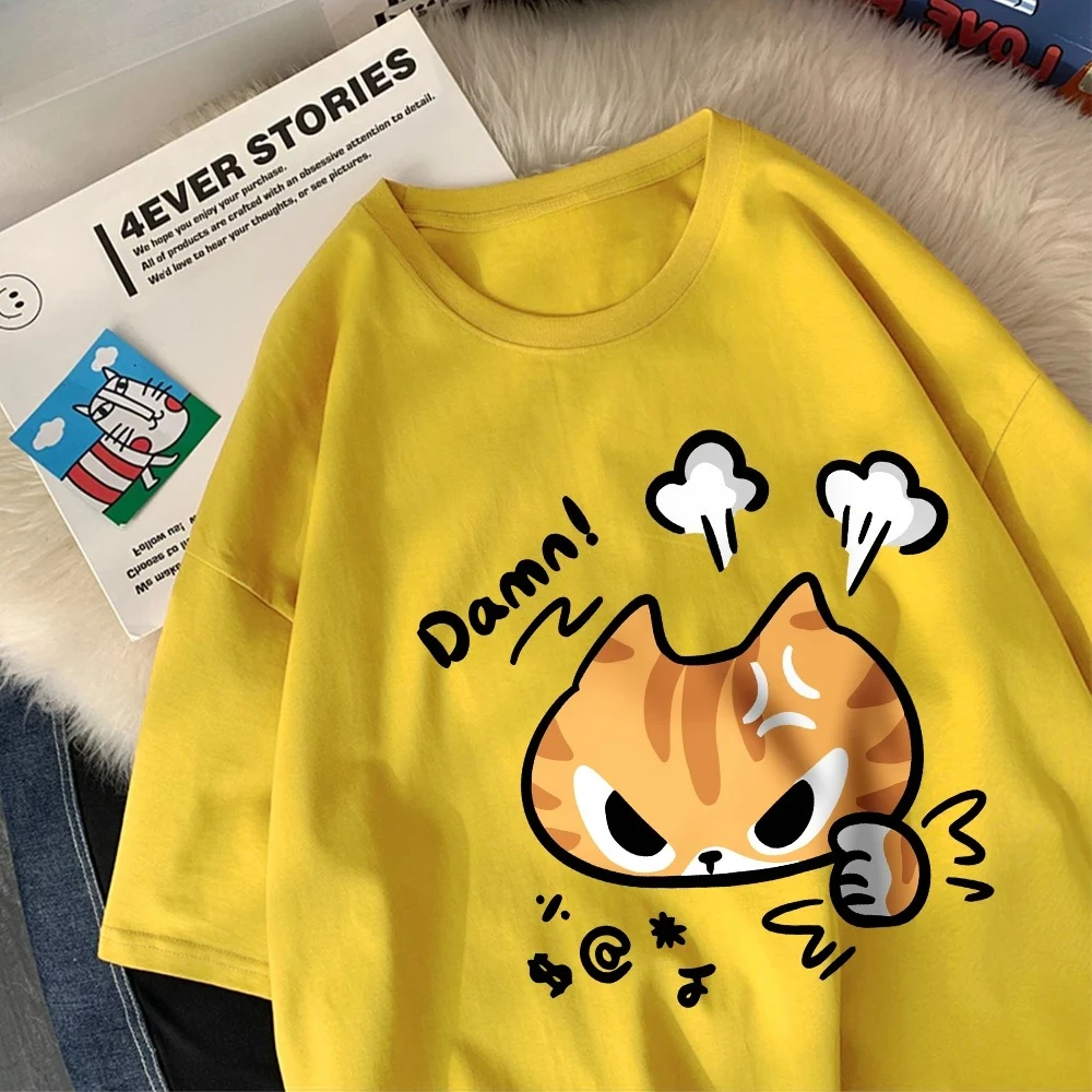 怒っている猫プリントラウンドネックとレディーストップ服 2025 新ファッション夏の女性の服漫画レディースグラフィック Tシャツ