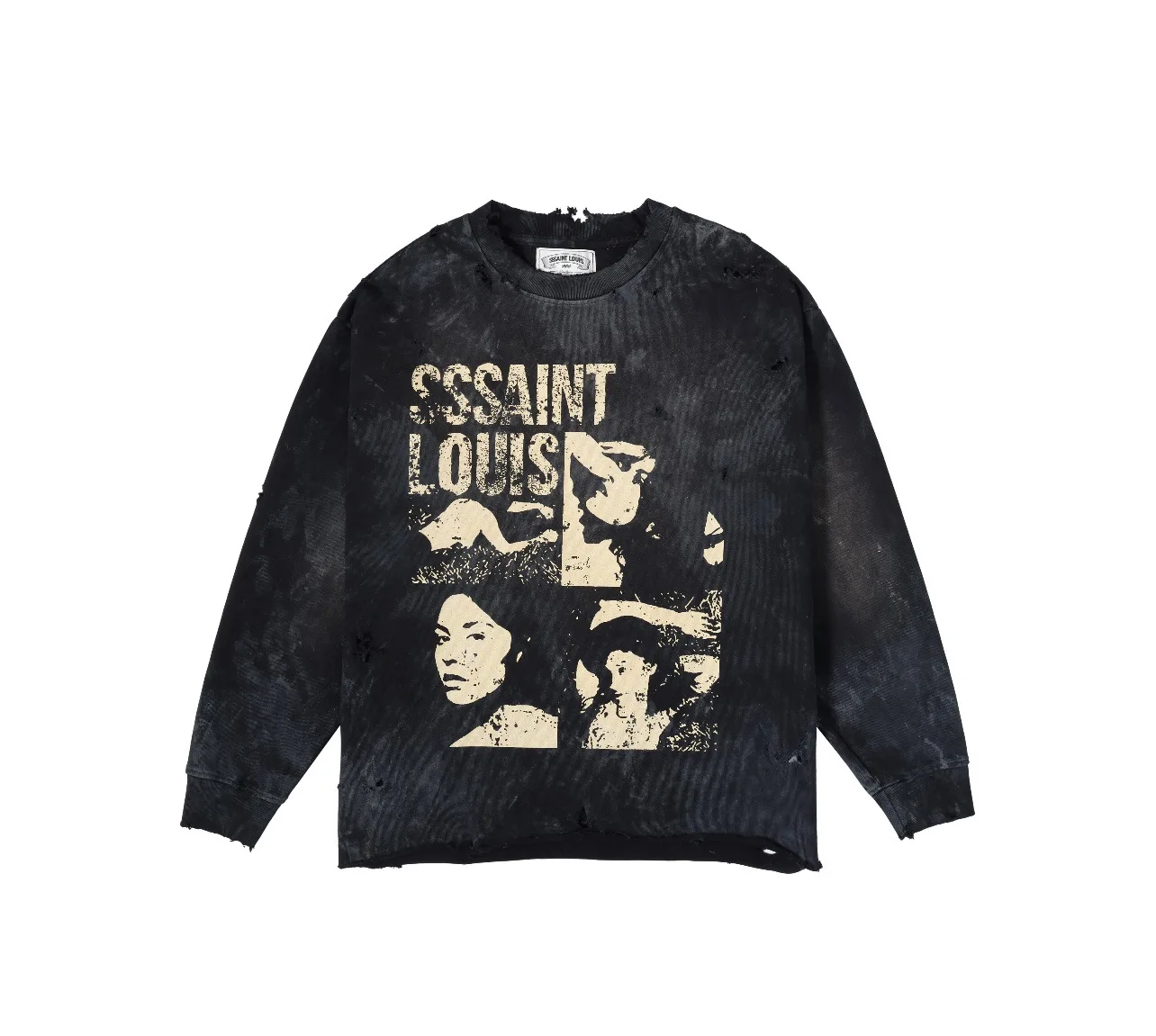 Sssaint Louis Portrait Lettering Heart Graffiti Print Washed Vintage Damaged Casual Men's and Women's Long-Sleeved T-Shirt