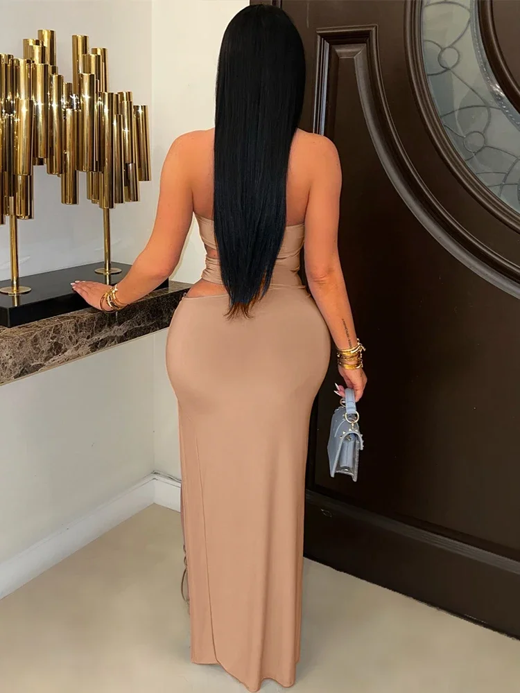 BWQ Women's Off Shoulder Cut-Out Snake Metal Long Dresses Glam Hollow Out High Slit Night Out Dress Female Vestido Clubwear 2025
