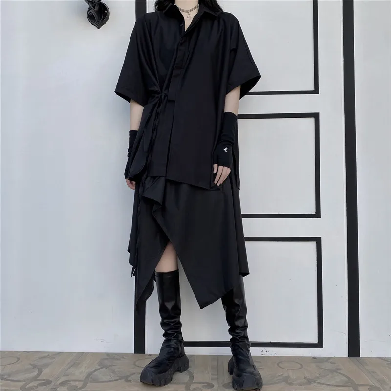 Tannt Women Shirts Bandages Asymmetry Black Blouse Tops Irregular Short Sleeves Black Loose Oversize Shirts Tops Women 2023 New