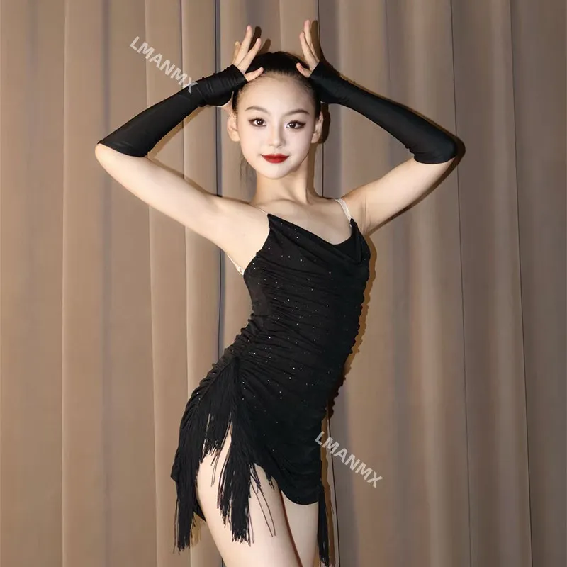 Abito da ballo latino per ragazze 2025 Autunno e inverno Nuovo abito da pratica per bambini Set di gonne da ballo per prestazioni avanzate