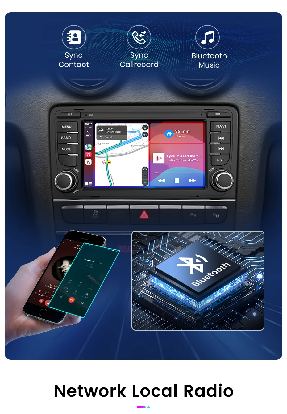 Junsun 7" Kabelloses CarPlay für Apple Android Auto Autoradio für Audi A3 8P S3 RS3 2003-2012 GPS-Navigation SWC Bluetooth FM RDS DSP IPS Touchscreen Intelligente Fahrzeugsysteme KI-Sprachsteuerung 4G WiFi 8-Kern Plug&Play Haupteinheit – Detail 24