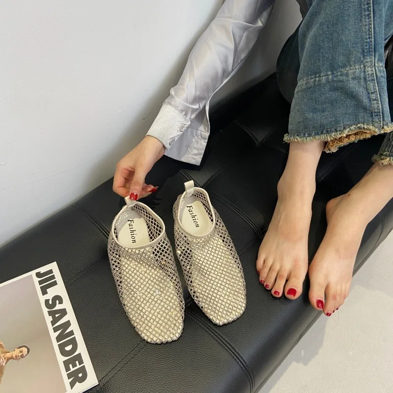 2026 Summer Fashion Mesh Rhinestone Designer Sandals Comfortable Beach Women's Fishnet Shoes Sexy Slip-on Women's Flat Sandals