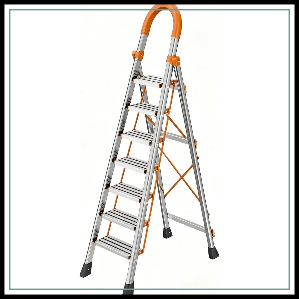 

7 Step Folding Ladder, Portable Sturdy Steel, Heavy-Duty Step Stool with Anti-Slip Pedal and Handrails for Home